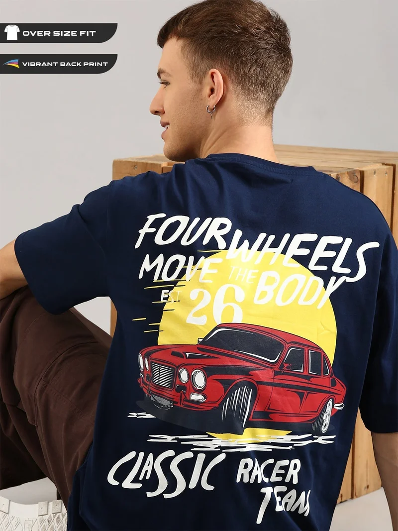 Joven Men Navy Blue Printed Pure Cotton Oversized T-Shirt